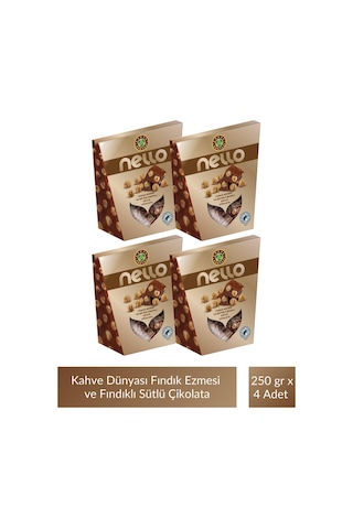 Kahve Dünyası Nello Fındık Ezmesi Ve Bütün Fındıklı Sütlü Çikolata 250 Gr X 4 Adet