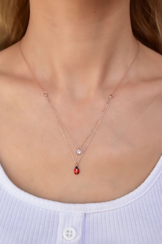 Papatya Silver 925 Ayar Gümüş Rose Kaplama Tektaş Uğur Böceği Asansörlü Kolye