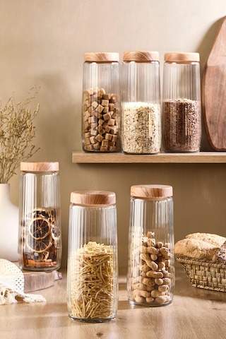 6 Adet 1,5 Litre Mega Boy Bambu Kapak Görünümlü Çizgili Kavanoz Seti 1500 Ml