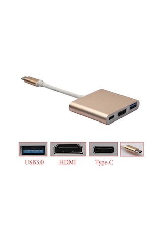 Wozlo Apple Uyumlu iPad  Pro 11" A1980 A1979 A1934 Type-C to Hdmi USB 3.0 Çevirici Dönüştürücü Kablo Gold