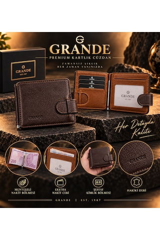 Grande 711 Hakiki Deri Menteşeli Para Bölmeli Erkek Mıknatıslı Kartlık/cüzdan Kahverengi - Taba