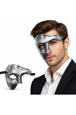 Antik Eskitme Gümüş Erkek Yarım Maske - Phantom Parti Balo Maskesi