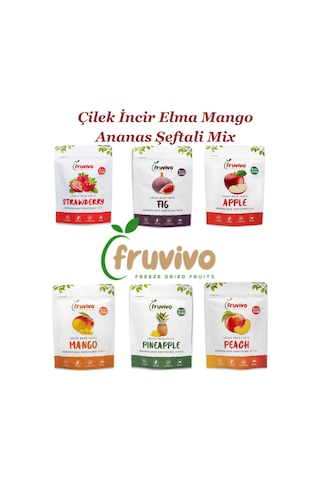 Fruvivo 6'lı Freeze Dry Paket - Çilek + İncir + Elma + Mango + Ananas + Şeftali - Dondurularak Kurutulmuş Meyve Cipsi Şeker İlavesiz %100 Doğal Vegan 120 G