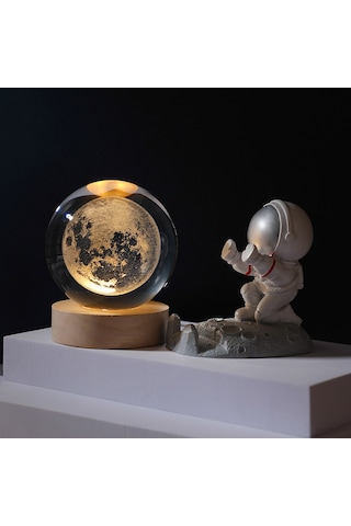 Shineyee Ay Güneş Sistemi Kristal Top, Ahşap Işıklı Tabanlı, Ev Dekoratif Mutfak Aydınlatma, 6cm Cam Top + 6cm Ahşap Doğal Işık Tabanı, Hediyelik Sanayi Eseri