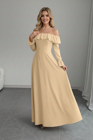 Defymoda Kadın Modern Kesim Fırfır Detaylı Elbise Bej