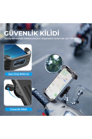Micorcase Hl-152d Motosiklet Scooter Telefon Tutucu - Titreşim Ve Darbe Korumalı Dikiz Ayna Bağlantılı Güvenlik Kilitli Kurye Telefon Standı - Al5742 Siyah