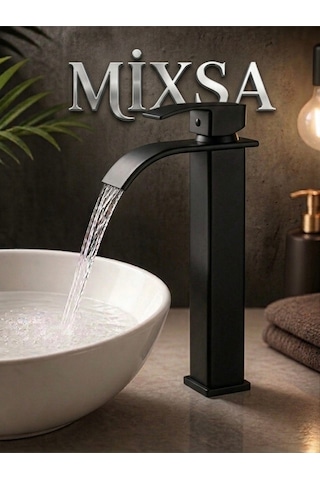 Mat Siyah Şelale Lavabo Bataryası Uzun Çanak Lavabo Musluğu Modern Çift Su Girişli Banyo Musluğu