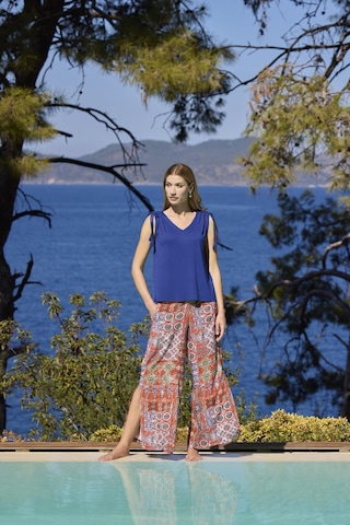 Monamise Kadın Etnik Desenli Yırtmaçlı V Yaka Askılı Alt Üst Takım 25029 Saks