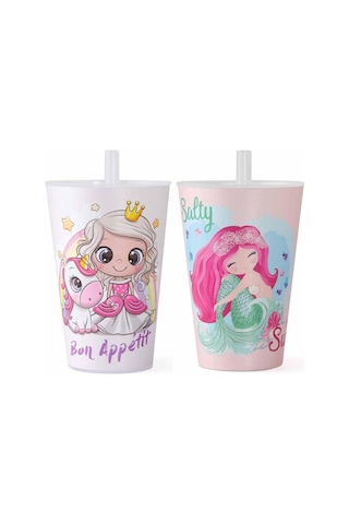 Kapris 2 Adet Desenli Plastik Pipetli Bardak Kız Model 400 Ml