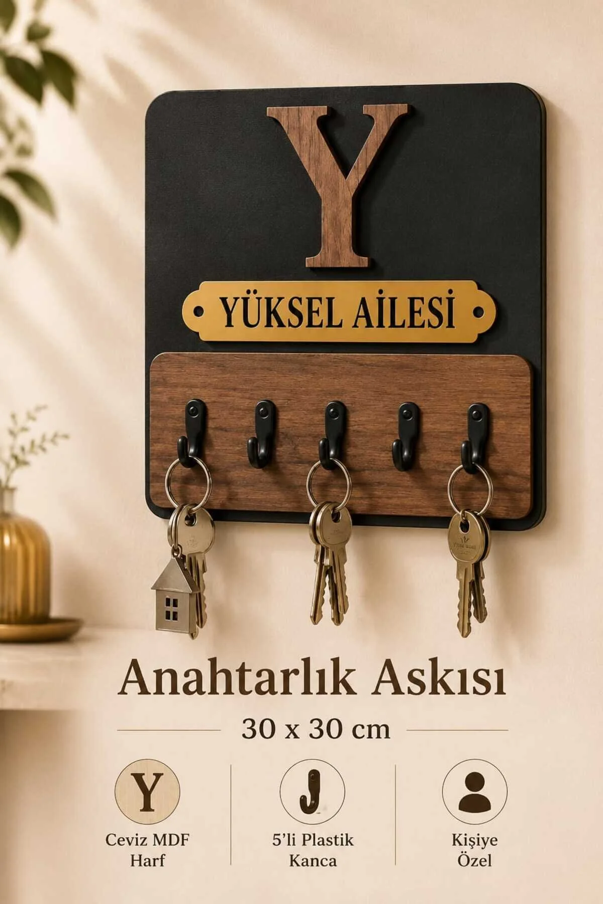 Kişiye Özel 2'li Set Besmele Kapı Süsü Ve Anahtarlık Askılığı Ahşap Pleksi Dış Kapı İsimliği Dekoratif Tabela 0
