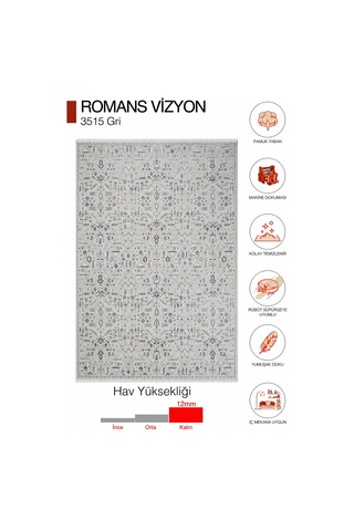 Romans Vizyon 3515 Gri Bej Vintage Desenli Akrilik Yolluk Halısı