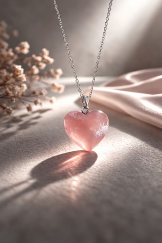 Doğal Pembe Kuvars Taşı Kalp Kolye - Aşk Ve Sevgi Taşı Açık Pembe