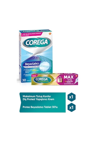 Corega Maksimum Tutuş + Konfor Diş Protezi Yapıştırıcı Krem 40 G + Protez Beyazlatıcı Tablet 30'lu