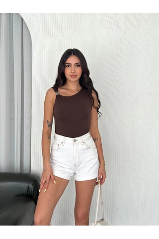 Wear Vexel Kadın Osy Modal Yumuşak Dokulu Bisiklet Yaka Sıfır Kol Bluz Omuz Toka - Kahverengi Çok Renkli