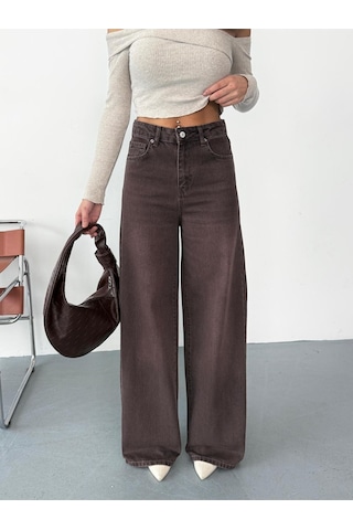 Kadın Kahverengi Taşlamalı Baggy Jean Yüksek Bel Geniş Paça Kot Pantolon Kahverengi+taşlamalı Baggy