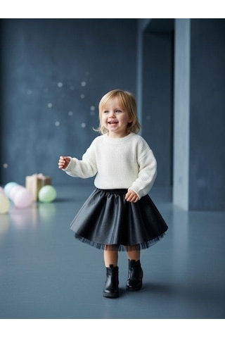 Zekids Kız Bebek Deri Kloş Etek-16546 Siyah