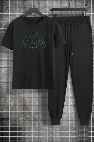 Uyguntarz Unisex Green Angel Baskılı 2'li Eşofman Takımı Siyah