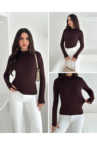 Kadın Yarım Balıkçı Yaka Parmak Geçmeli Full Likralı Buzz Body Kahverengi