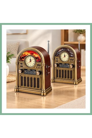 Bşkvirgo Saatli Retro Şömine Radyo Hoparlör - Bluetooth Usb Type-c Bsk2026