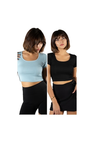 Terapi Men 2'li Paket Açık Mavi Siyah Havuz Yaka Fitted/vücuda Oturan Kısa Kol Crop Tişört Açık Mavi Siyah