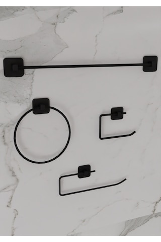 Siyah Yapışkanlı 9'lu Banyo Seti Banyo Rafı Kancalı Banyo Rafı Havluluk Fönlük Tuvalet Kağıtlık Siyah