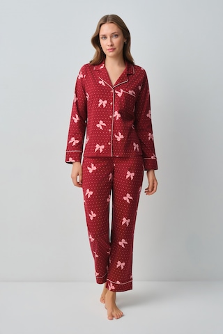 Suwen Teddy Ribbon Gömlek Yaka Pijama Takımı Wsh10510135978 Kırmızı Kalpli