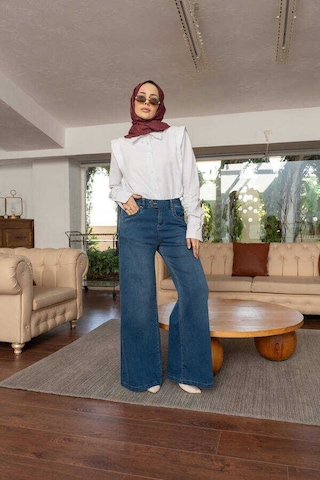 Neways 1067-denim Bol Paça Pantolon Koyu Mavi Mavi