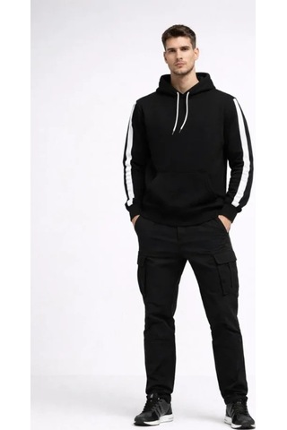 Butik İstanbul Erkek Şeritli Kapüşonlu Sweatshirt Oversize 3 Iplik Pamuklu - Siyah