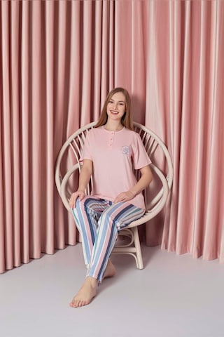 Ahengim Kadın Pijama Takımı Süprem Kısa Kollu Alt Çizgili Göğüs Nakışlı Pamuklu W20722328 Pembe