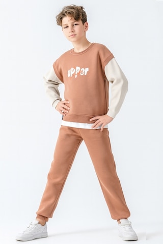 Erkek Çocuk Upper Baskılı 3 İplik Kalın Kışlık Eşofman Takımı Ak4231 Kahverengi