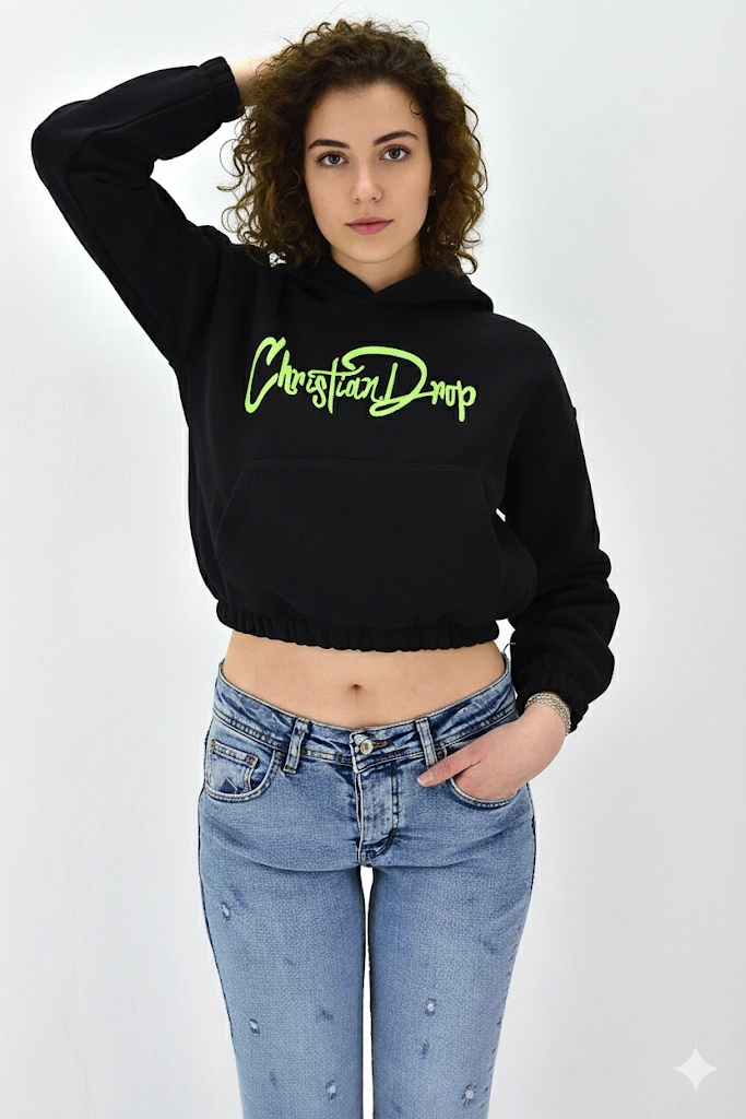 Afri Kadın Neon Christian Drop Yazılı Kapüşonlu Crop Kesim Siyah Sweatshirt Nakış İşlemeli Siyah