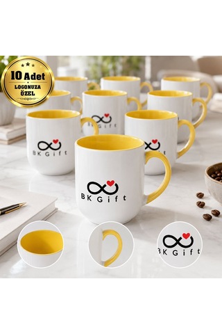 Logonuza Özel 10 Adet 280 Ml Porselen Sarı Elite Kupa Bardak Kurumsal Hediye Seti