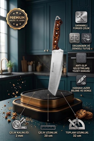 Sürmene Serisi Santoku Mutfak Şef Bıçağı Kahve Verzalit Sap Et Ekmek Sebze Salata Şef Bıçak Hds-130