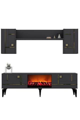 Maddera Şömineli Tv Ünitesi Takımı Antrasit-altın