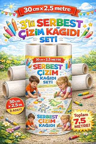 3 Lü Serbest Çizim Rulosu Seti 30 Cm X 2.5 Metre Çizim Kağıdı Toplam 7.5 Metre