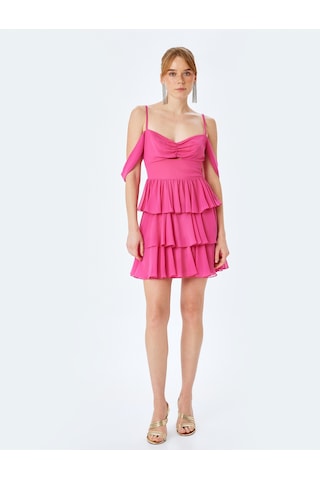 Koton Katlı Volanlı Kısa Kollu Kalp Yaka Mini Elbise Pembe 5sak80042fw Gül