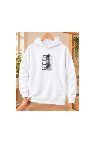Mor Mürekkep Fotoğrafik Yarım Bozkurt Ve Göktürk Yazısı Baskılı Kapüşonlu Sweatshirt - Beyaz