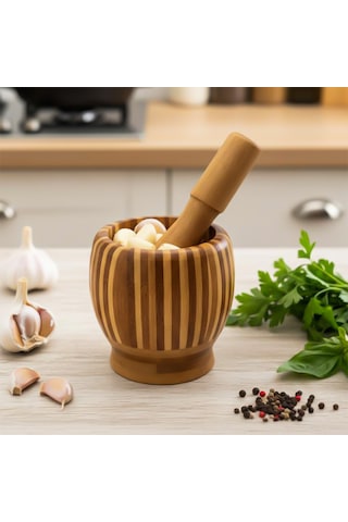 Porsima Pbt-409 Doğal Bambu Havan - Sarımsak Döveceği Ahşap Sarımsak Ezici Havan Döveç Ahşap