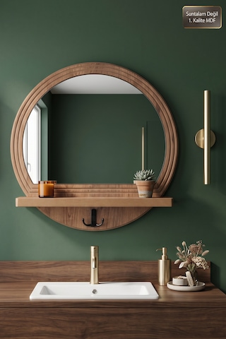 Antik Ahşap Desenli Dekoratif Ayna Raflı Askılıklı Banyo Oda Lavabo Wc Dresuar Koridor Konsol Mutfak Makyaj Aynası Yn-102 Atlantik Çam