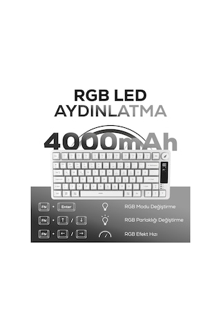 Hk255 Membrane Lcd Rgb Kablosuz/bluetooth Beyaz %75 Türkçe Gaming Oyuncu Klavye