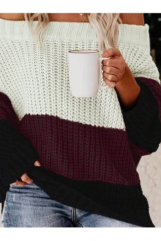 Kadın Uzun Kollu Madonna Yaka Çizgi Desenli Salaş Triko Antrasit Melanj