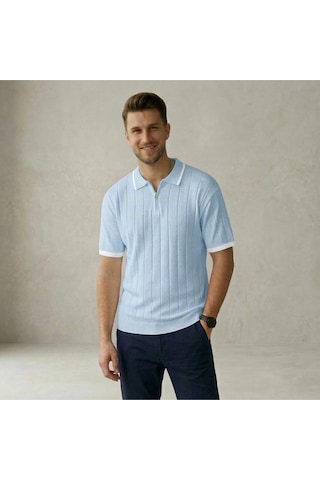 Fermuarlı Polo Yaka Kısa Kollu Triko T-shirt Bebe Mavi