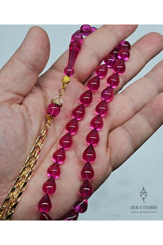 Zer-i Tesbih Gözyaşı Damla Ateş Kehribar Tesbih Pembe