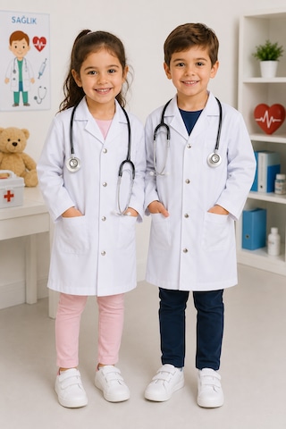 Lalvera Kız Erkek Cocuk Doktor Önlüğü, Laboratuvar Öğretmen Kıyafeti Kostümü - Çocuk Hemşire Önlük Beyaz