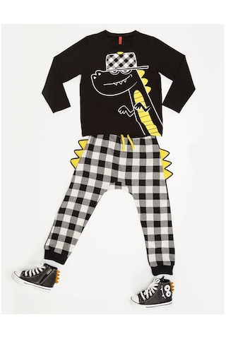 Denokids Rap Dino Erkek Çocuk Pantolon Takım Siyah