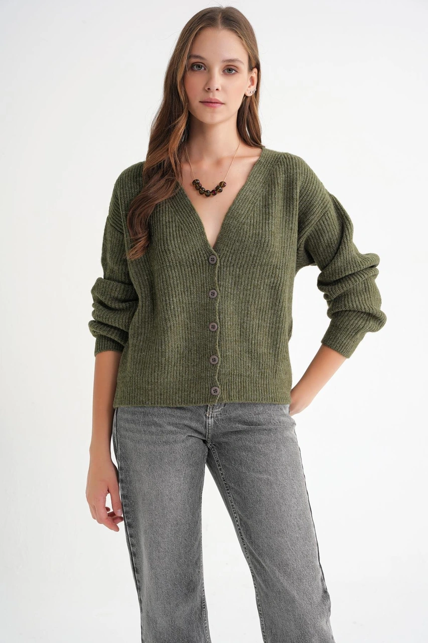 6943 Kadın V Yaka Selanik Hırka Haki Haki