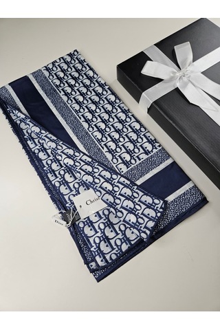Miorel Scarfs Harf Tema Çift Taraflı Vual İpek Eşarp Silk Scarf Hijab Aksesuar Fular Lacivert