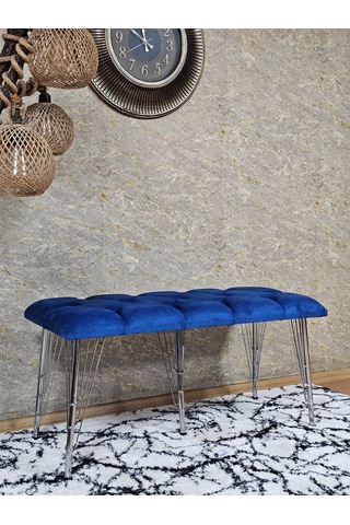 Zafir Metal Krom Tel Ayaklı 100 Cm Puf Bench - Puf - Bench - Oturak - Mutfak Oturağı - Antre Oturağı Mavi