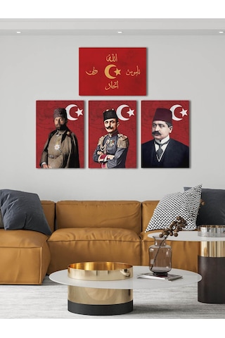 İttihat Terakki Sancağı Kanvas Tablo Seti 4'lü 40x55cm Enver Paşa Talat Paşa Cemal Paşa İttihat Bayrağı