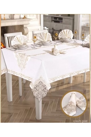 Elegant Linen Yemek Takımı Masa Seti 12 Kişilik 26 Parça160 260 Cm Runner Set Krem-gold Çok Renkli
